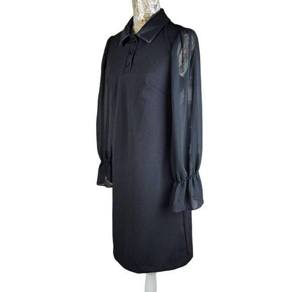 Shelby & Palmer Faux Leather Collar Button Up Sheer Blousy Sleeves Black Dress - Picture 6 of 12
